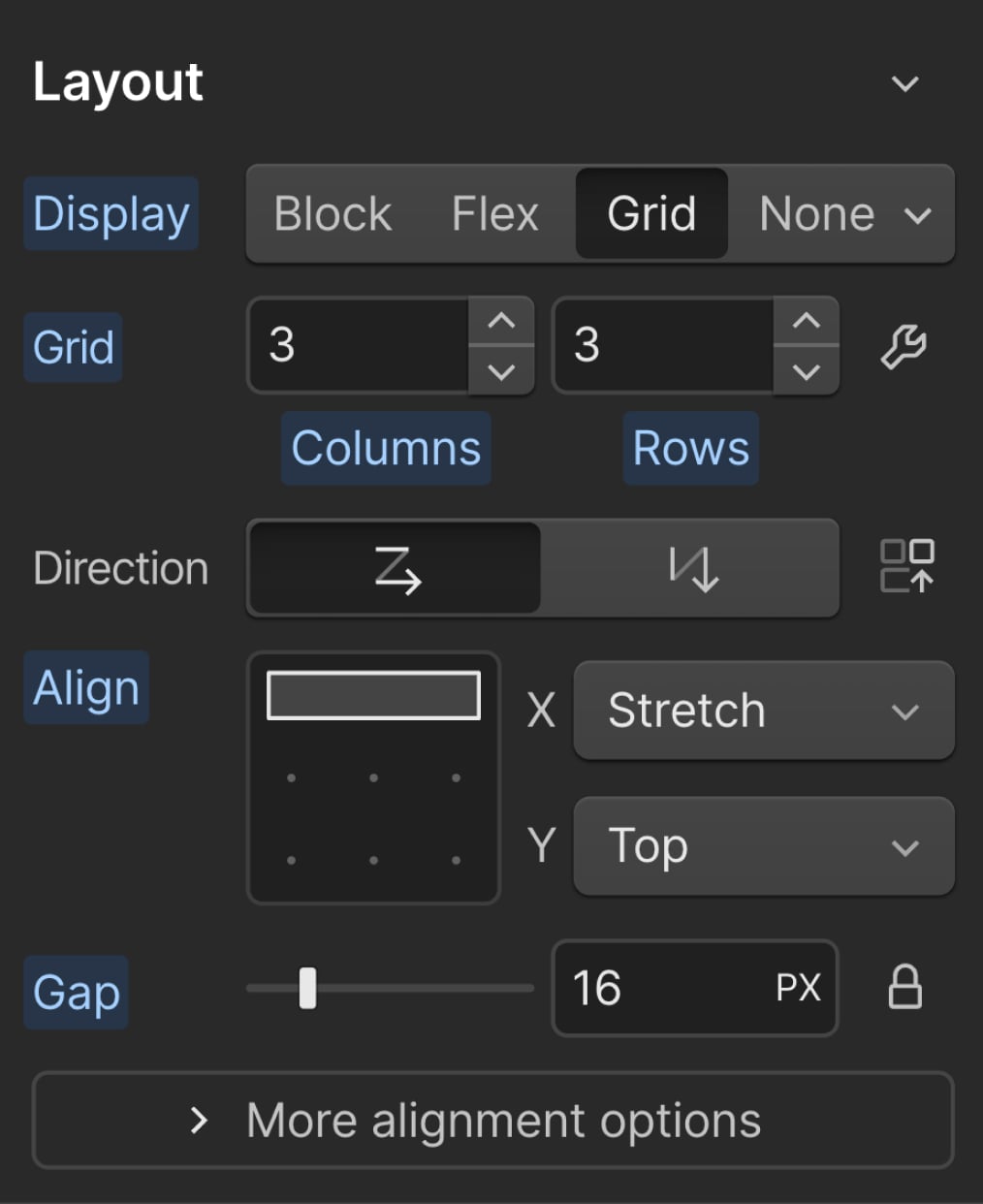 Webflow grid UI panel