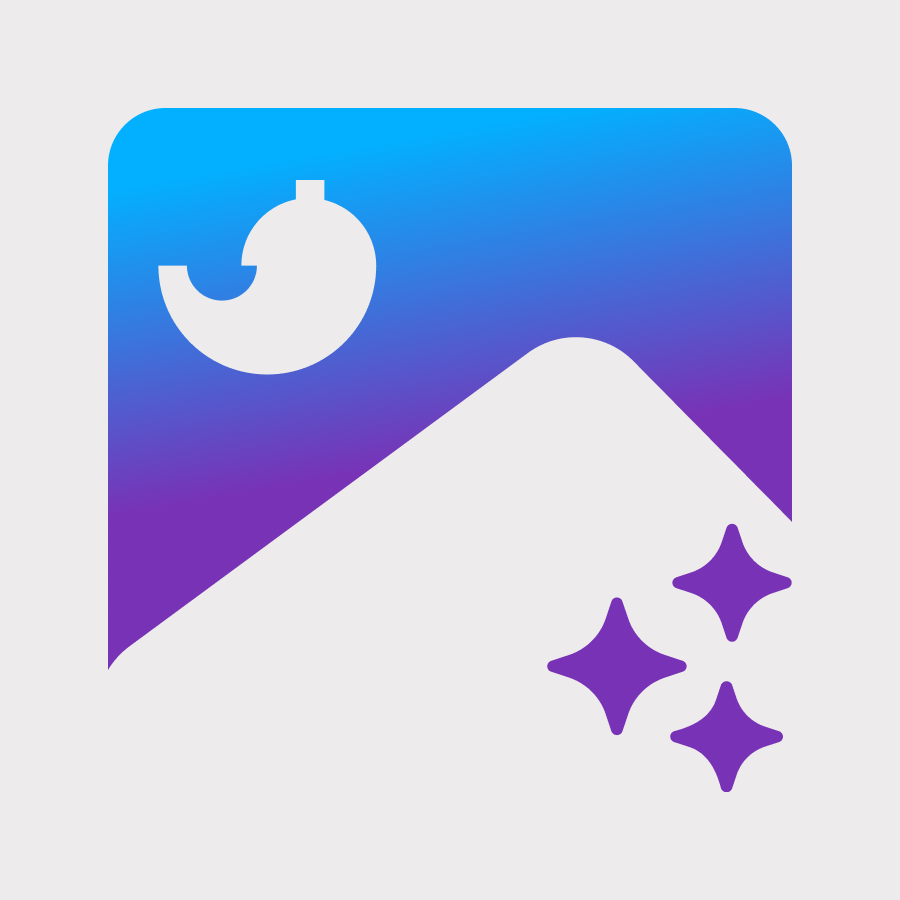 placeholder image icon stylized with blue/purple gradient, a small chili pepper logo, and ai stars