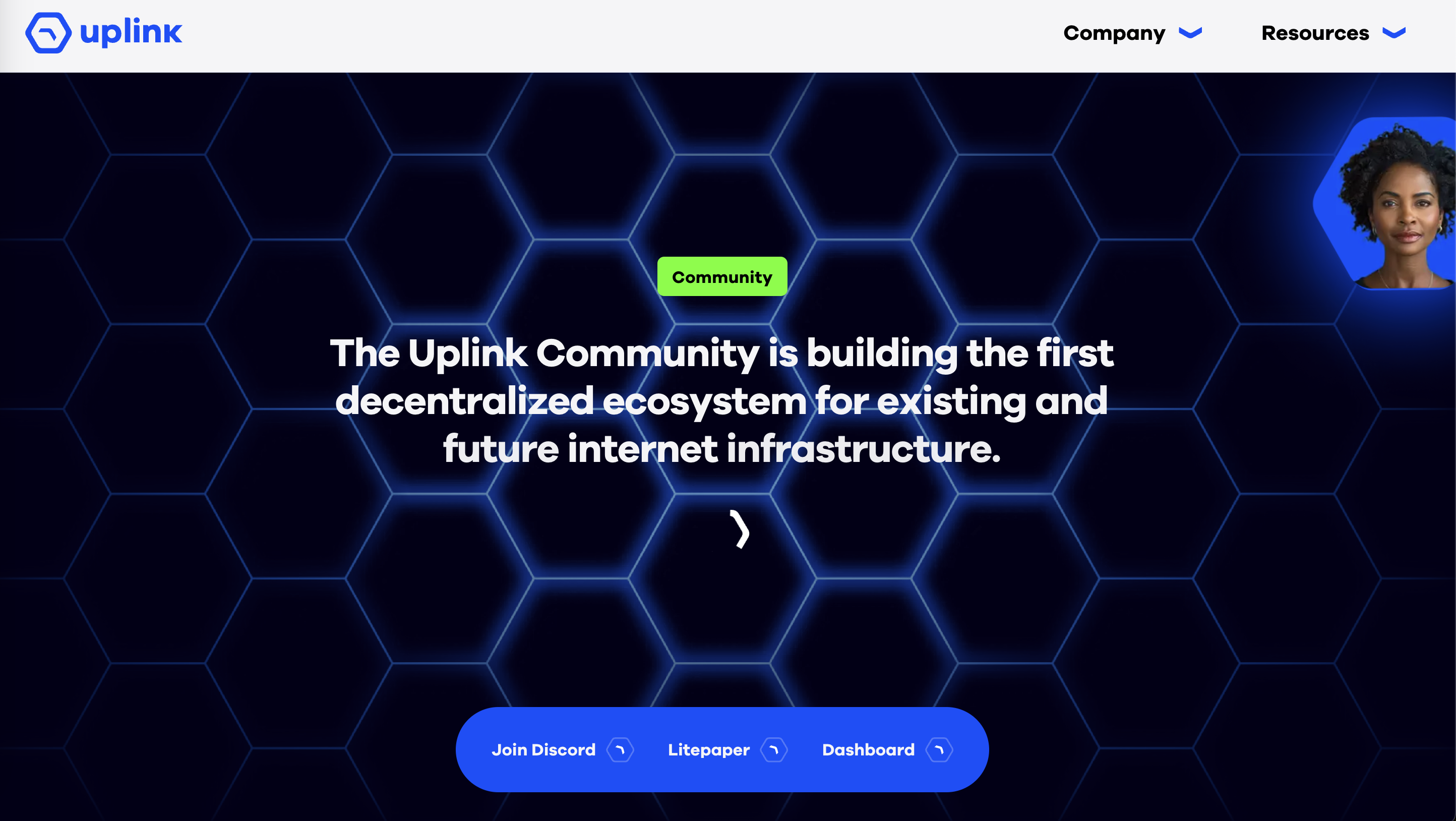 A still from the uplink website with a honeycomb blue glowing designbackground